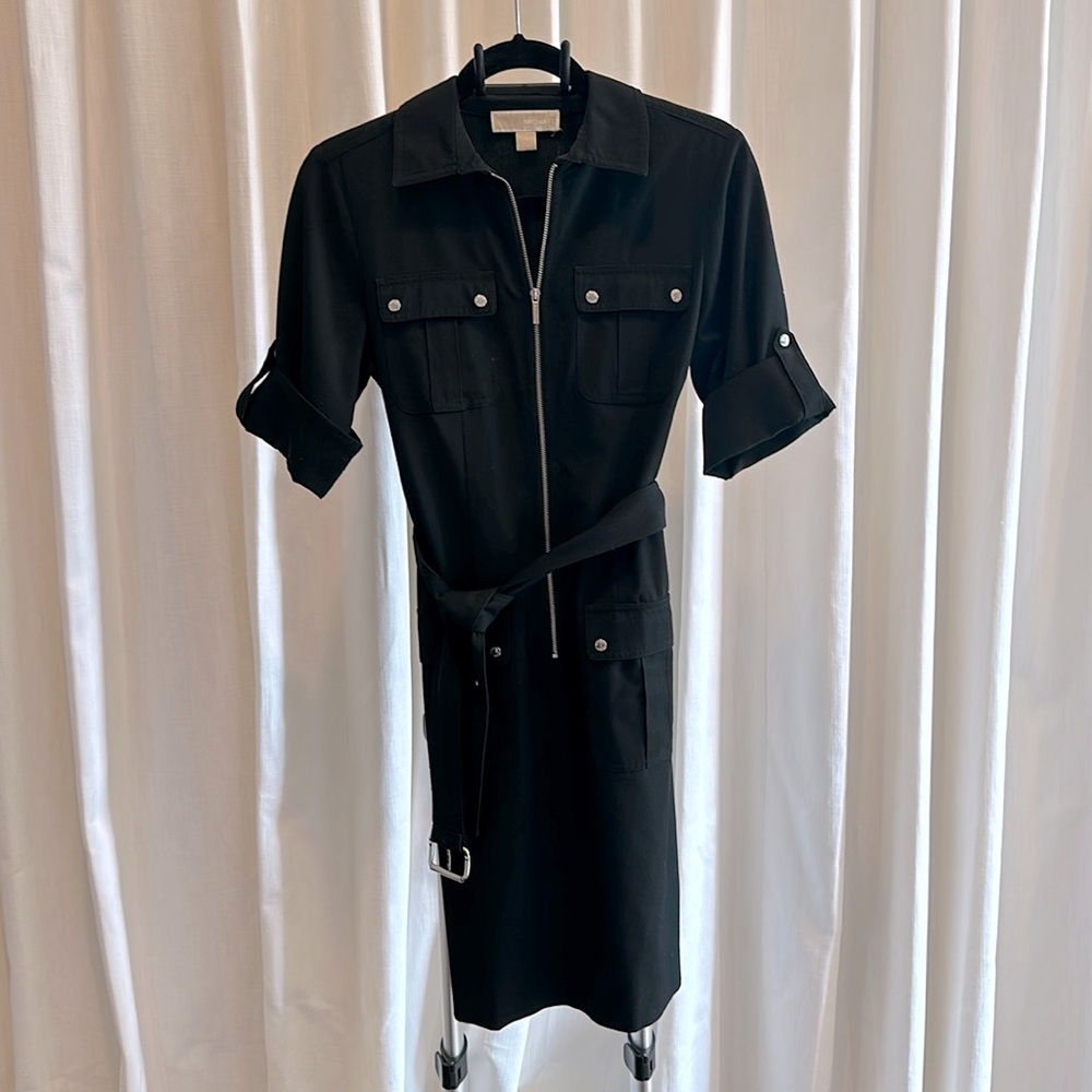 Michael Kors black shirt dress with silver detail.